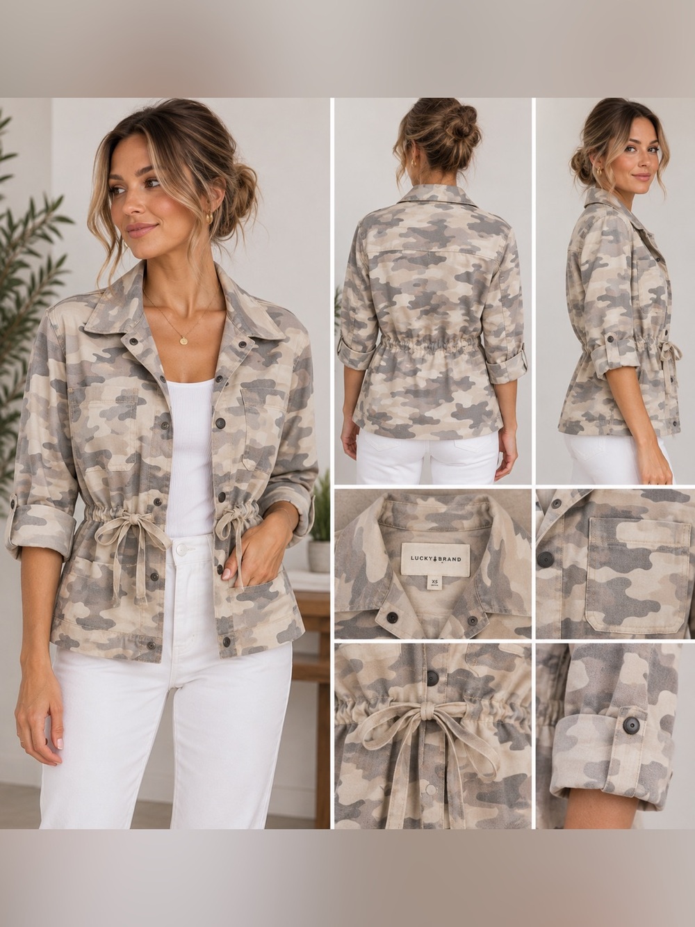 Lucky Brand Cinched Camo Utility Shacket Neutral Grey Tan Size XS NWOT